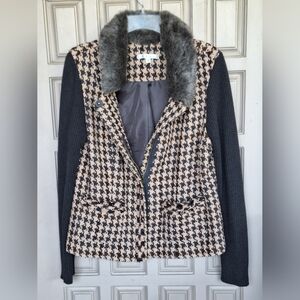 Cabi Sweater Jacket Sz12 Removable Faux Collar Knit Sleeves Houndstooth Tan/Blk